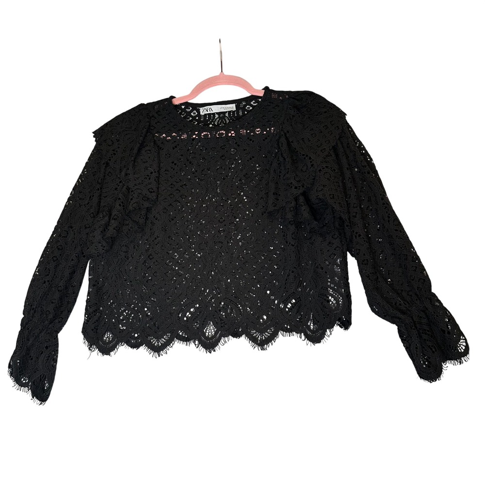 Zara Goth Black Guipure Lace Ruffle Blouse Scallop Hem Long Sleeve Top Medium